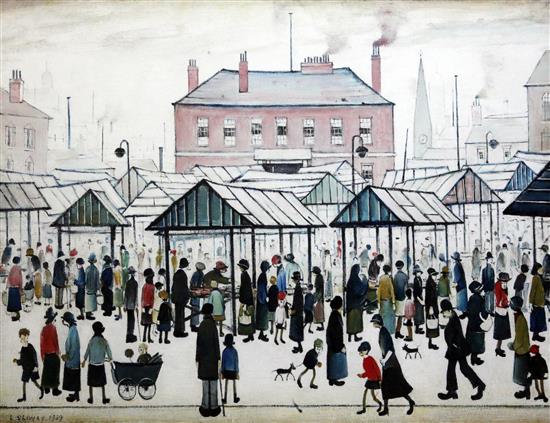 § After Lawrence Stephen Lowry (1887-1976) Market scene, overall 20 x 25in.